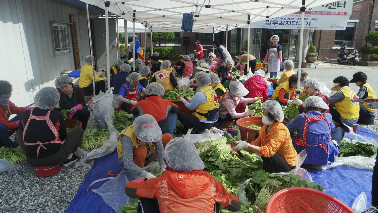 예산군자원봉사센터(센터장 정낙규)는 10일 예산군자원봉사센터 내 주차장에서 1+3 사랑나눔 봉사활동으로 '김치 치즈 스마일' 열무김치 담그기 행사를 진행했다.