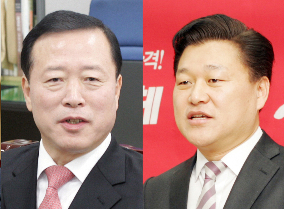 박경국 한국당 충북지사 후보(왼쪽)와 신용한 바른미래당 후보 / 뉴시스