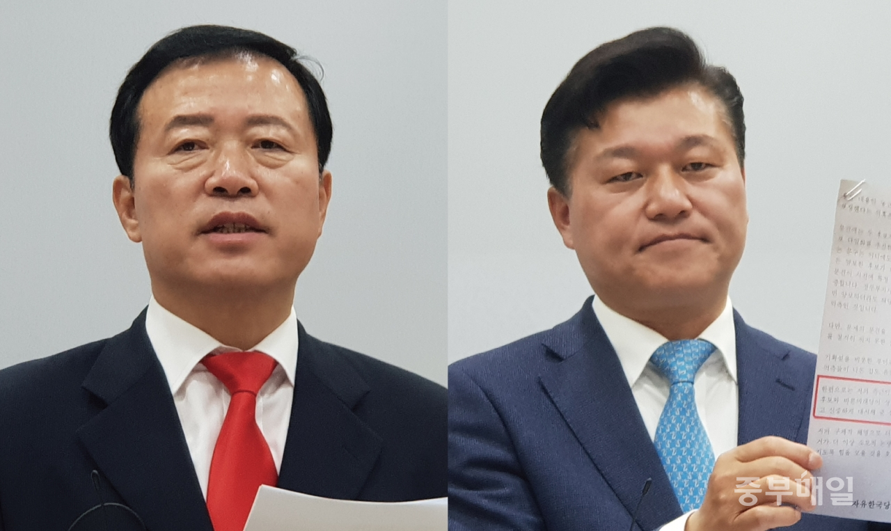 박경국 한국당 충북지사 후보(왼쪽)와 신용한 후보 / 중부매일 DB