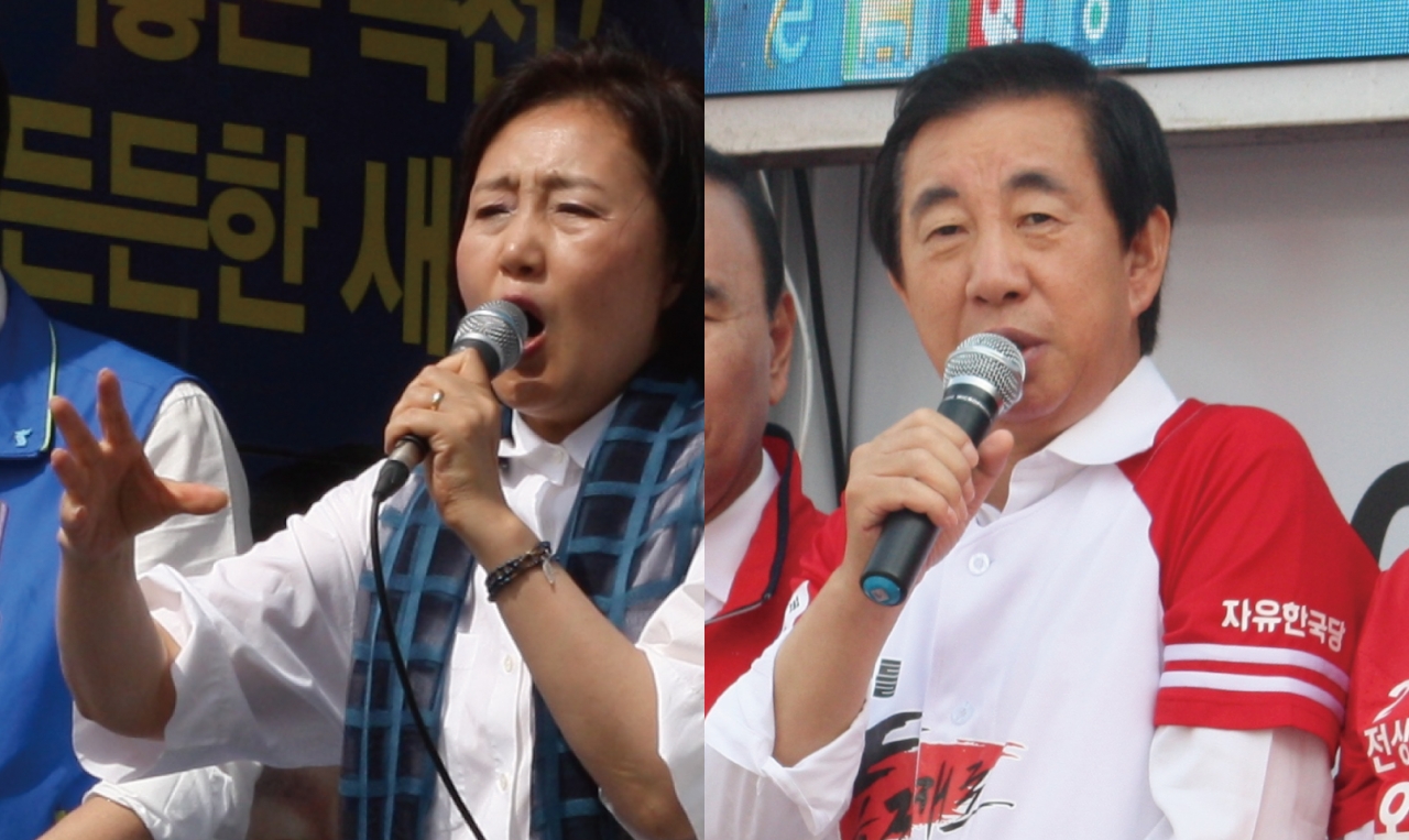 5일 박영선 민주당 상임선대위원장(왼쪽)과 김성태 한국당 원내대표가 옥천을 찾아 지지를 호소하고 있다.