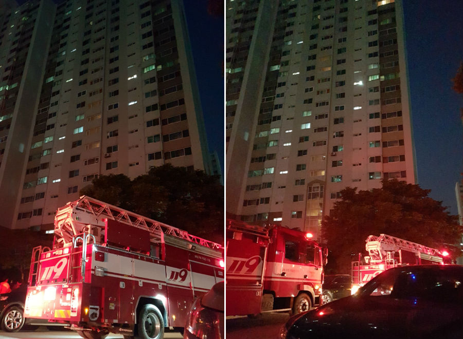 8일 오후 8시 17분께 청주의 한 아파트에서 불이 나 신고를 받고 출동한 소방대가 화재 진압에 나서고 있다. /한인섭