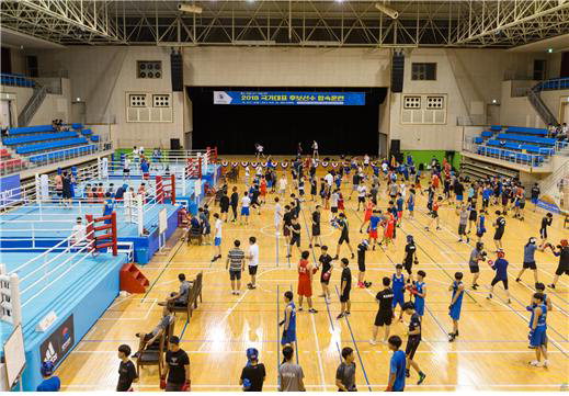 복싱팅 국가대표 후보 선수 49개팀이 청양군민체육관에서 강도 높은 체력훈련으로 기량을 높이고 있다./청양군