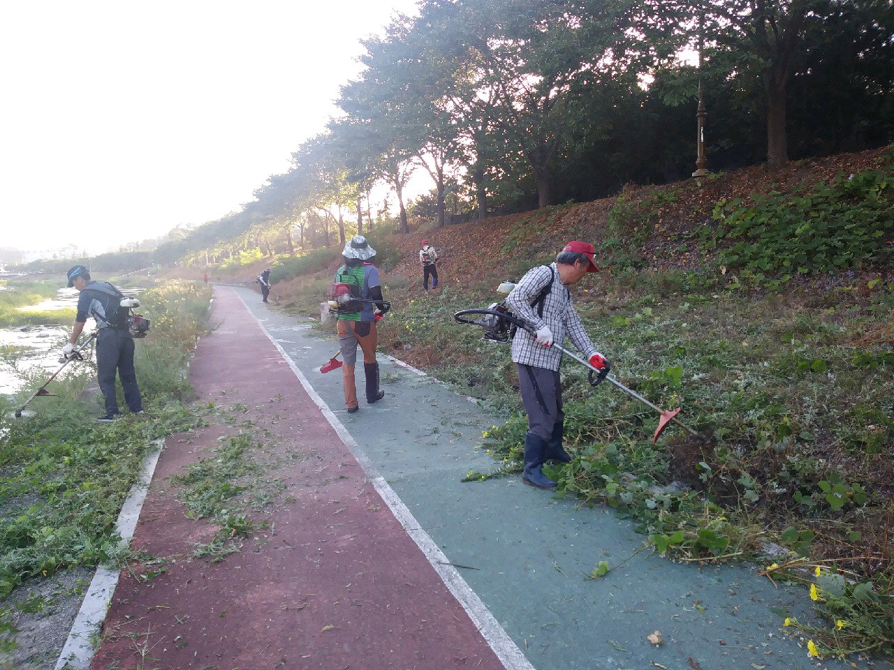 새마을지도자영동읍협의회 회원들이 18일 영동천변 주요 제방변 제초작업 및 청소를 실시했다. / 영동군 제공