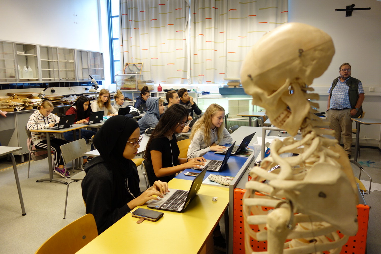 핀란드 야르벤빼라 중학교 학생들이 생물수업 시간에 노트북을 활용해 학습앱으로 배우고 있다. / 김금란·이지효<br>