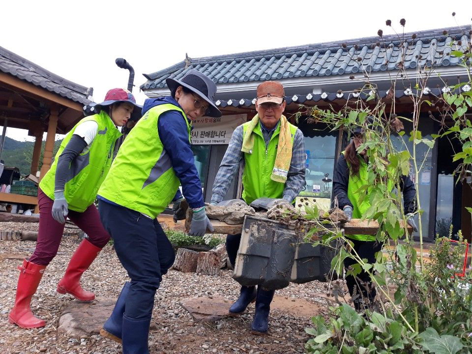 옥천군자원봉사센터는 10일 태풍 '미탁'으로 피해를 입은 경북 영덕군 창수면에서 피해복구 봉사활동을 펼쳤다. 윤여군 / 옥천