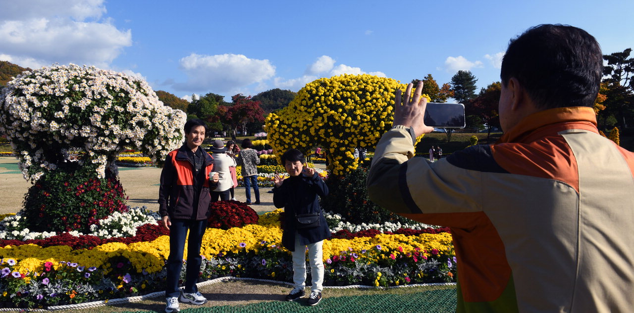 많은 관람객들이 국화축제장에서 국화꽃을 배경으로 기념사진을 찍고 있다. / 김용수