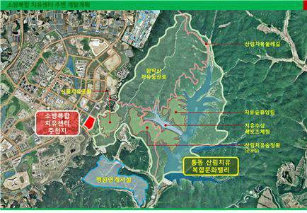 소방복합치유센터 충북혁신도시내 위치도와 주변 개발계획도.
