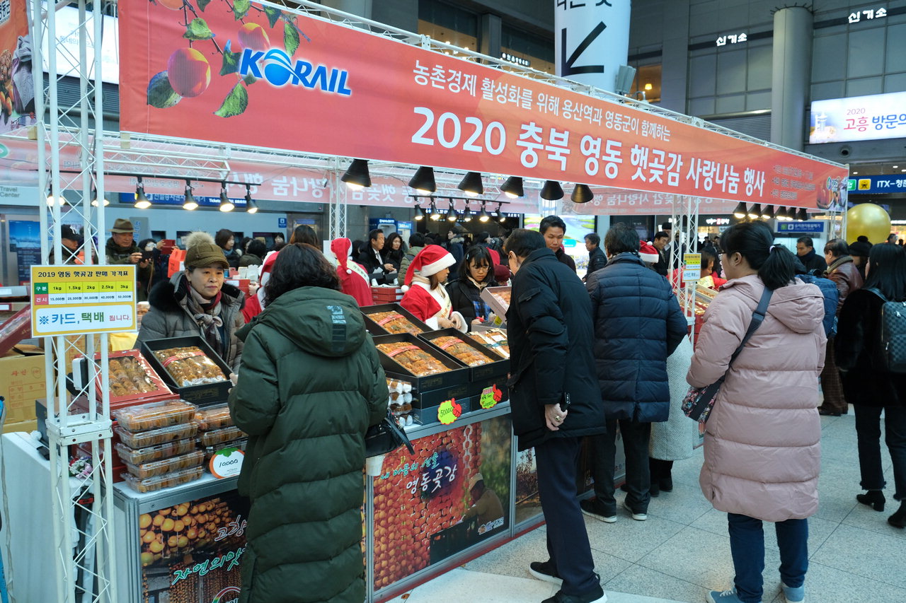 영동군은 9일부터 11일까지 서울용산역에서 영동햇곶감 대도시 판매행사를 열어 대박 행진을 이어갔다. / 영동군 제공
