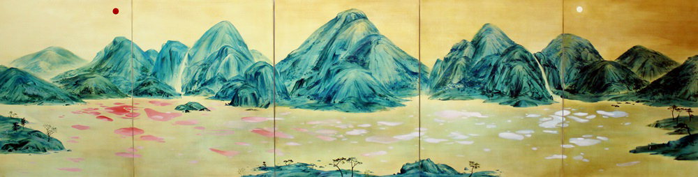 조연주 작 달과 해 사이의 분홍, Oil on Linen, 116.8 x 455 cm, 2019