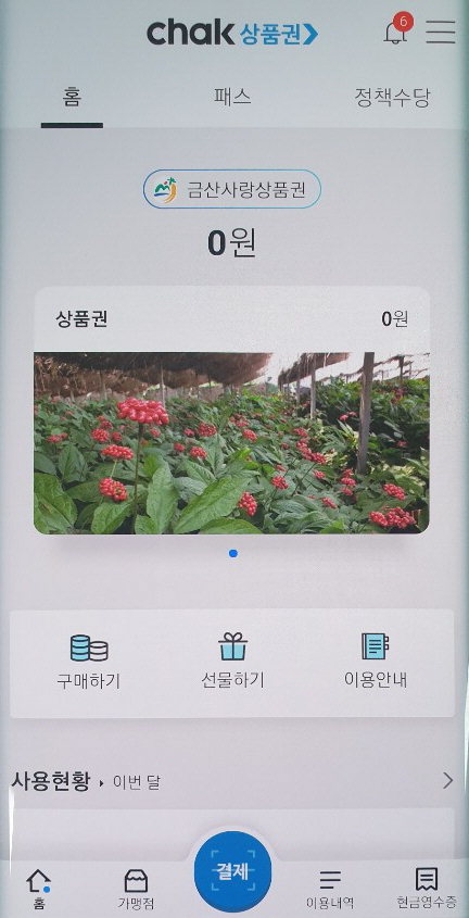 '지역상품권 Chak' 앱 화면.