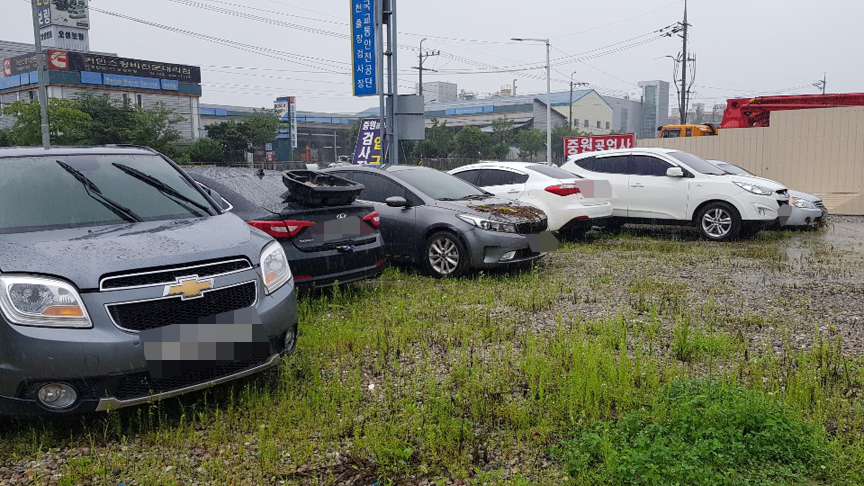 제천지역의 한 자동차공업사에 빗물에 침수된 차량이 줄을 지어 서있다. /서병철