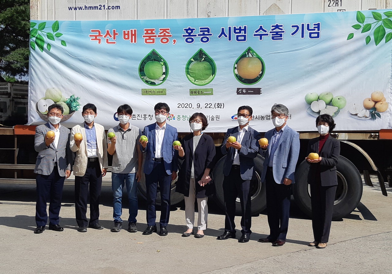 천안시농업기술센터는 우리 배 품종 ‘그린시스’를 지난 22일 홍콩에 시범 수출하는 선적식을 개최했다. /천안시 제공