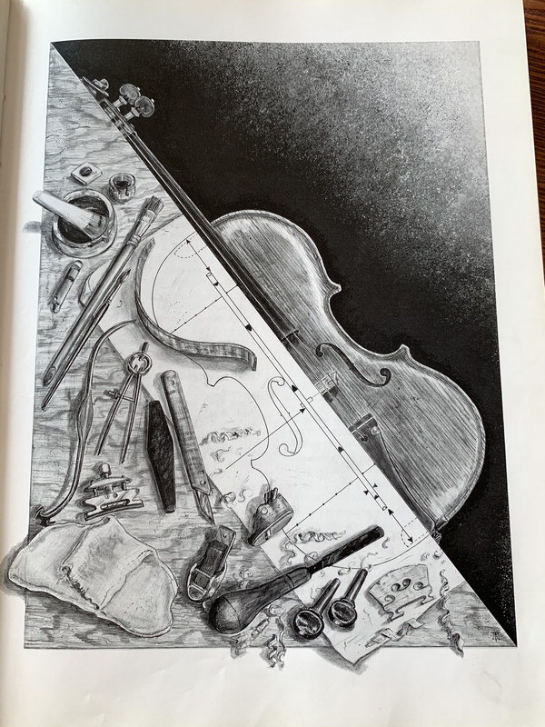미국에서 구한 바이올린 수리 교본에 있는  바이올린 해부도.