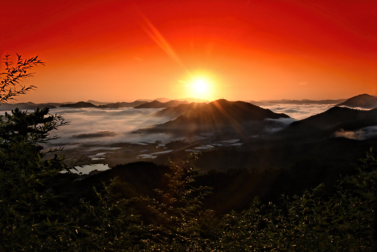 천년 고찰 용암사에서 낮게 깔린 구름과 안개를 뚫고 붉은 해가 떠오르고 있다. / 한국사진작가 협회 옥천지부 이완영 작가 제공
