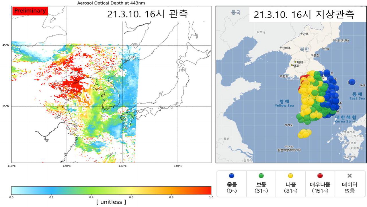 환경위성에서 관측한 아시아 에어로졸 영상. 왼쪽이 2021년 3월 10일 위성으로 관측한 한반도 에어로졸 관측영상, 오른쪽은 같은 시간 대기오염측정망에서 관측된 지상 초미세먼지(PM2.5) 농도(분포) 자료.