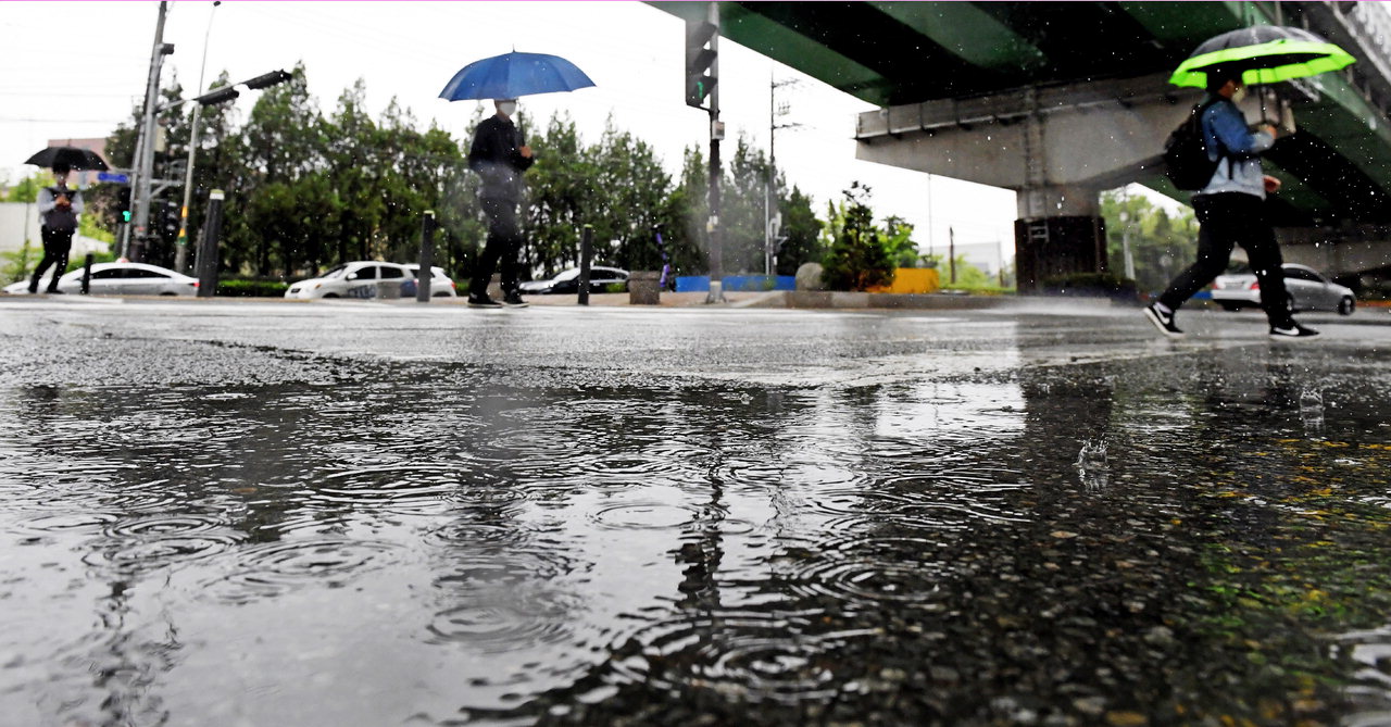 여름을 재촉하는 비가 내린 10일 청주시 서원구의 한 거리에서 시민이 우산을 쓰고 횡단보도를 건너고 있다. 청주기상지청에 따르면 오후 4시 기준 청주 강수량은 17.4㎜다. /김명년