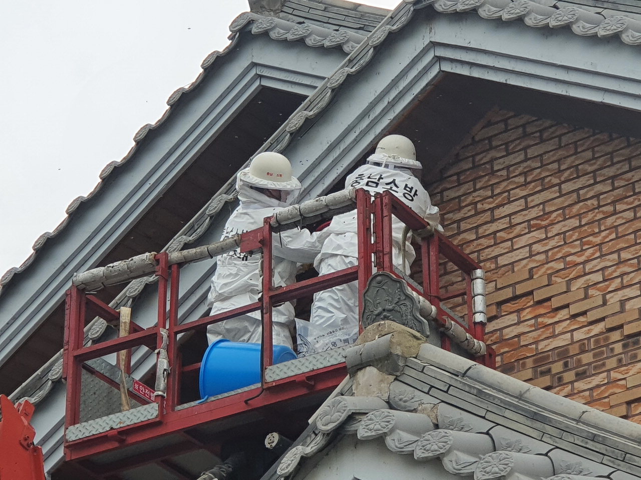 태안군 원북면 한 주택 외벽에서 소방공무원들이 말벌집을 제거하고 있다./ 충남도소방본부 제공