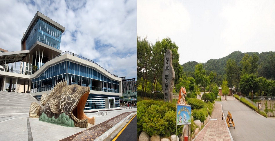 다누리아쿠아리움(사진 왼쪽) 전경과 청주 동물원(사진 오른쪽) 전경. /단양군 제공