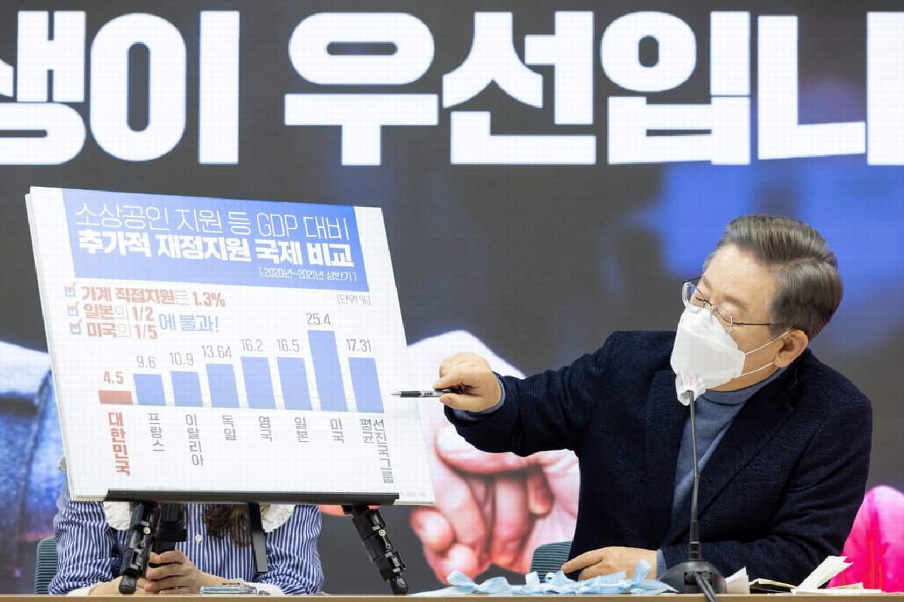 이재명 대선 후보가 6일 서울 여의도 당사에서 참석자들에게 정부의 소상공인 지원 저조상황을 설명하고 있다./이재명 후보 페이스북 캡처