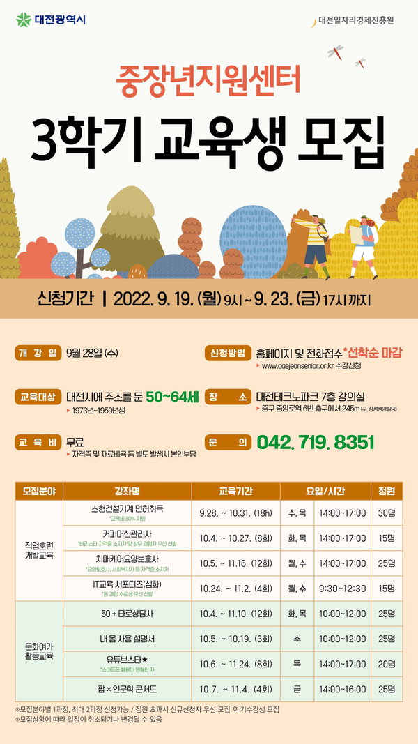 대전중장년지원센터, 2022년 3학기 교육생 모집/대전시 제공