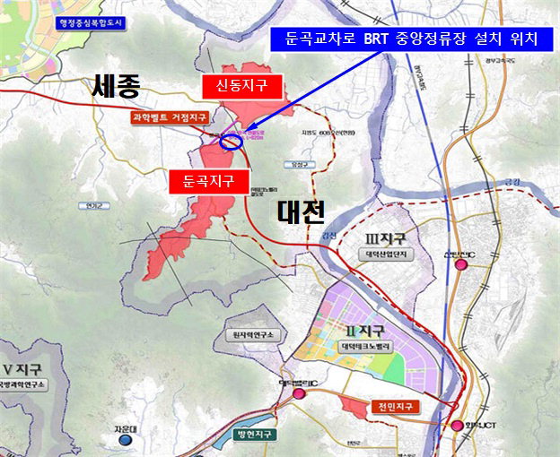 대전시, 둔곡교차로 BRT 중앙정류장 설치공사 착공(위치도)/대전시 제공