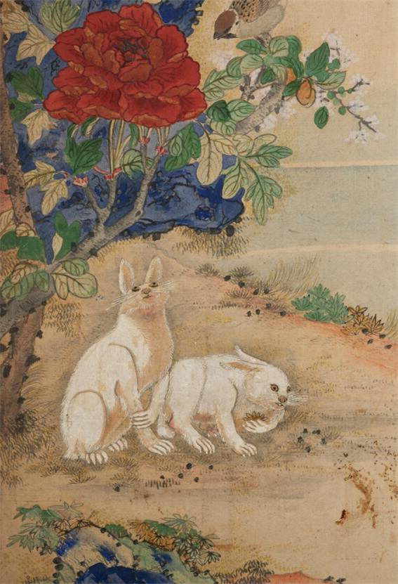화조영모도(花鳥翎毛圖)-토끼와 모란 (Flowers, Birds, and Animals -Rabbits and Peony) 전체 세로 153.5, 가로 380, 화폭 세로 115, 가로 34, 채용신蔡龍臣, 1850~1941, 20세기 전반, 복제, 토끼와 모란을 함께 그려 부부애와 화목을 상징하는 그림으로, 화조영모도 10폭 병풍 중 한폭이다. 토끼의 긴 다리를 자세히 표현했다. /국립민속박물관