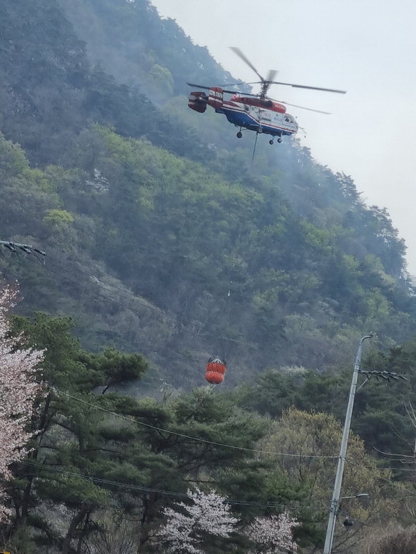 4일 대전 서구 장안동에 위치한 장태산 인근 산불로 소방헬기가 투입되고 있다. /독자제공