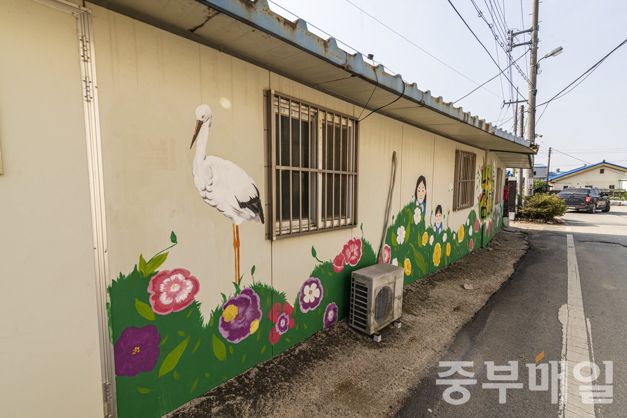 충북 음성군 대소면 삼호1리 주민들이 마을 안 골목에 그린 벽화에 과거 함께 살았던 황새가 표현돼 있다./김성식