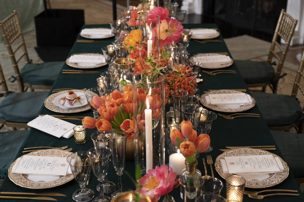 A set table is seen during a media?칛review, Wednesday, June 21, 2023, at the White House in Washington, ahead of Thursday evening's State Dinner with India. (AP Photo/Jacquelyn Martin)