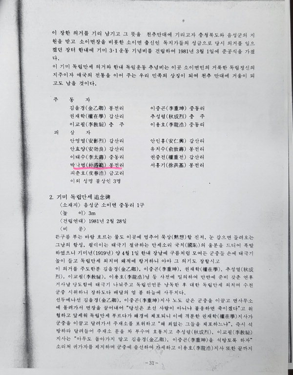  1987년 발간된 '내고장 소이' 31쪽 피살자 명단에 박낙범이라는 이름이 기재 돼있다. / 후손 박성환씨 제공