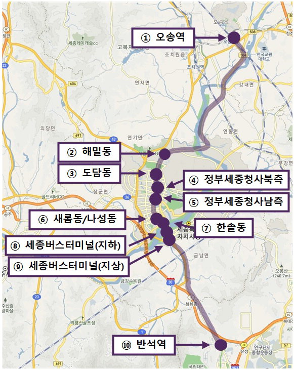 충북~세종~대전 자율주행버스 노선도