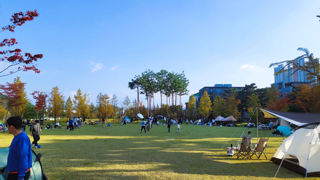 대전 서구 도안동 아름드리공원 잔디밭에 가족들이 행복 시간을 보내고 있다. /황인제