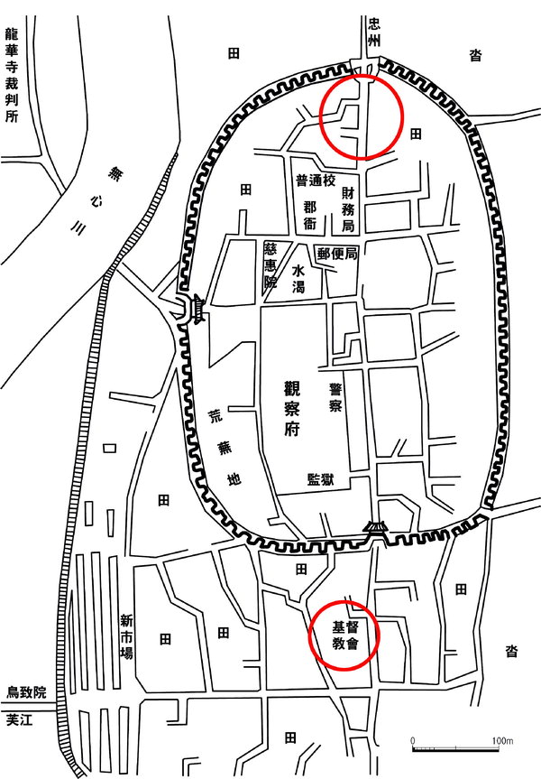 청주시구개정사업지구도(1912년). 위 원은 배창근 가족이 처음 살았던 곳, 아래는 당시 청주제일교회 위치.
