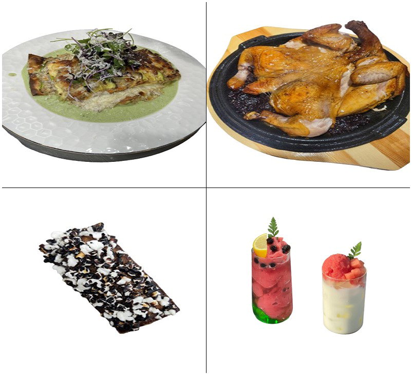 생거진천 대표 음식 메뉴 흑미 누룽지 통닭, 애호박 라자냐, 흑미 휘낭시에, 수박 라테