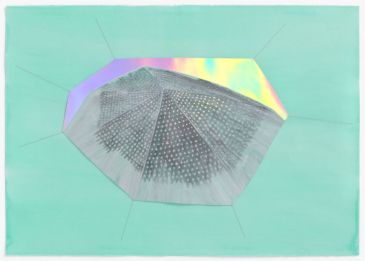 반주영 作 'Whimsical boundary', pencil, thread, acrylic, gouache, holographic paper collage on paper, 70.5x100cm, 2023