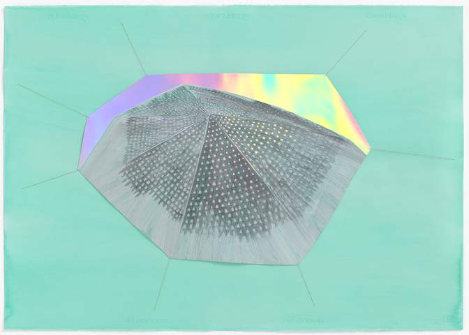 반주영 - 'Whimsical boundary', pencil, thread, acrylic, gouache, holographic paper collage on paper, 70.5x100cm, 2023