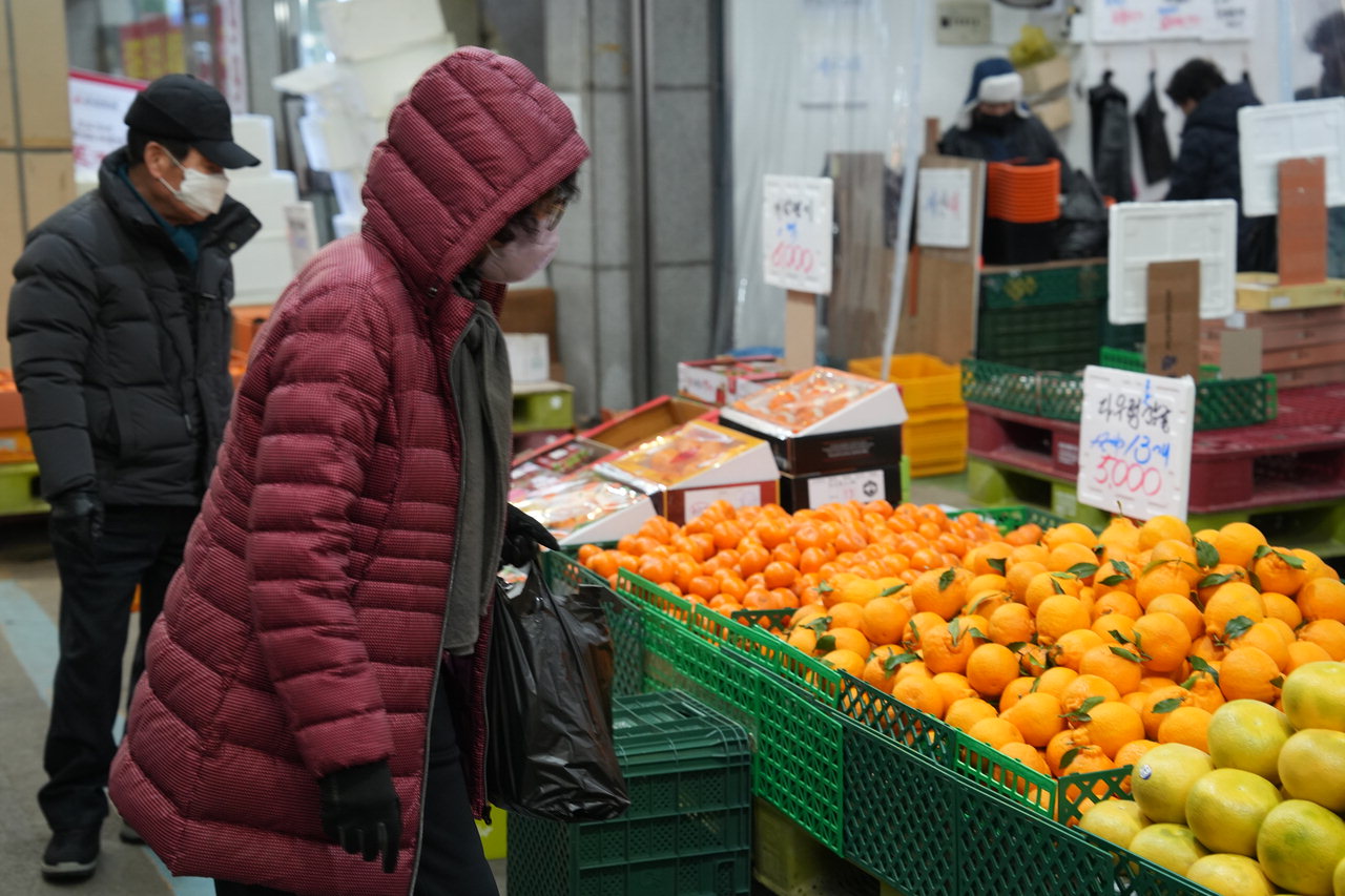 22일 청주 육거리시장에서 시민들이 과일을 살펴보고 있다. / 이성현
