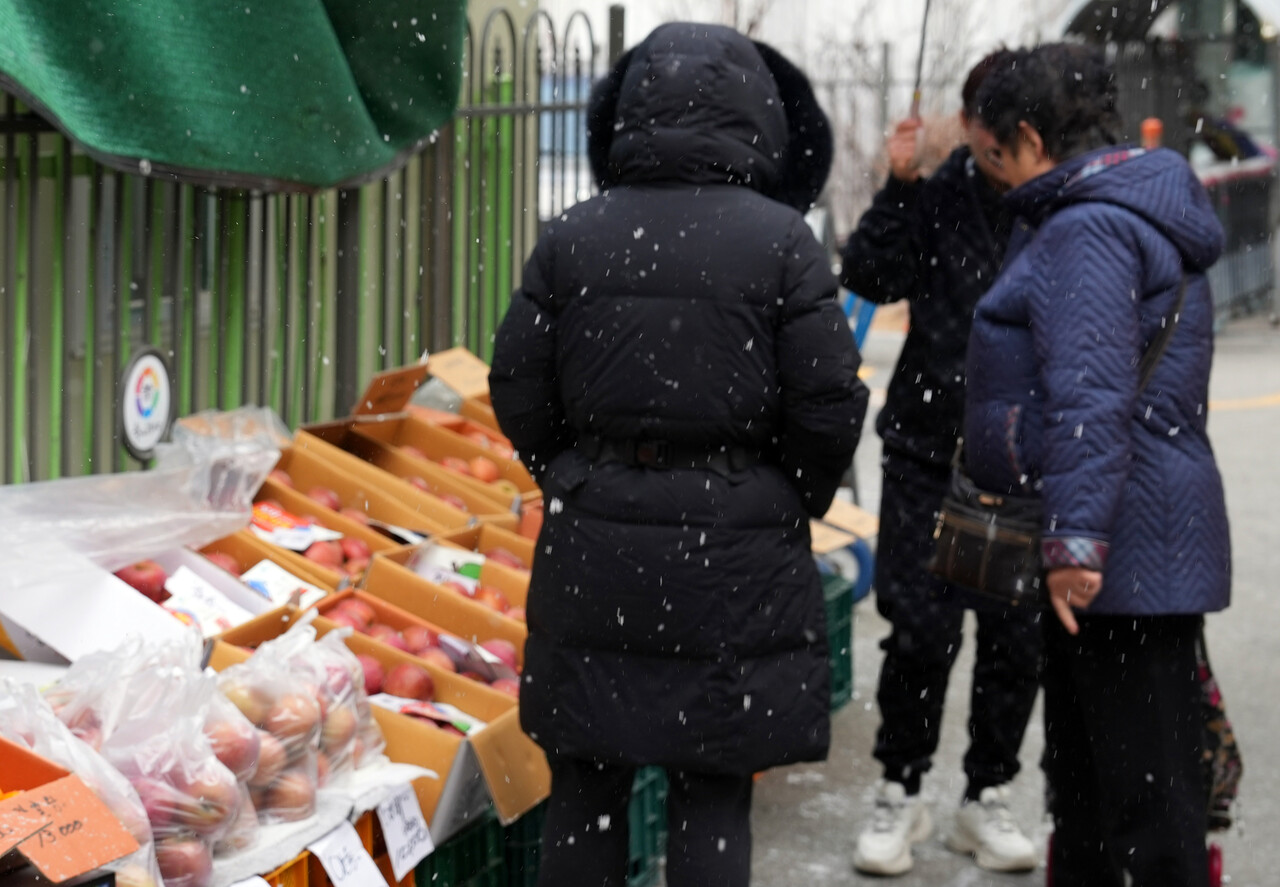 22일 청주 육거리시장에서 한 시민이 상인에게 사과 가격을 물어보고 있다. / 이성현