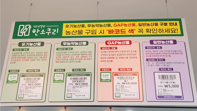 ▲ 한소쿠리 매장은 재배방식에 따라 바코드 색깔을 달리 하고 있다. / 충북대 기자단
