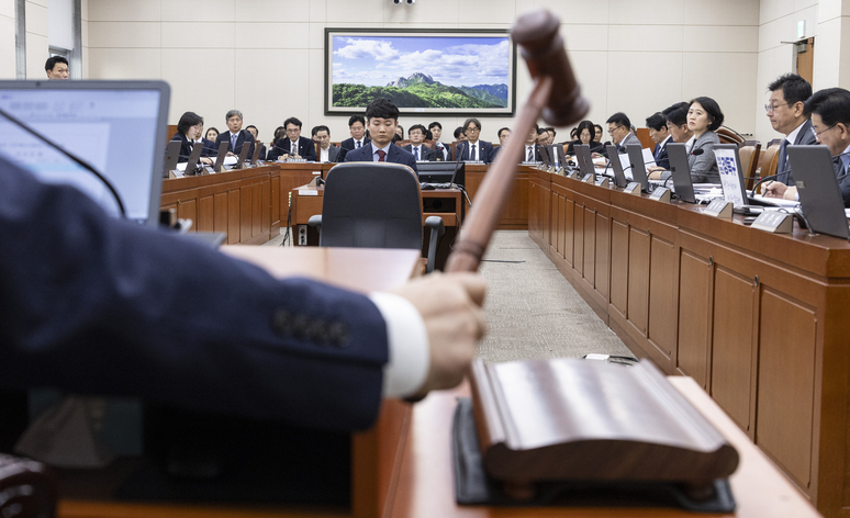 ▲ 국회 기후에너지환경노동위원회 안호영 위원장이 24일 국회에서 열린 전체 회의에서 상정된 법안들을 여야 합의로 처리하고 있다. / 연합뉴스