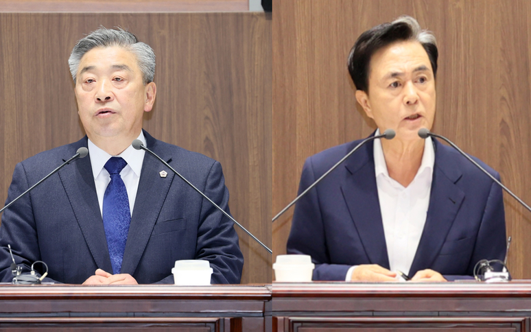 ▲ 김태흠 충남도지사(오른쪽)가 25일 충남도의회 제362회 정례회 제2차 본회의 도정질문에서 ‘충남형 농어촌 기본소득제’ 도입에 대해 묻는 전익현 의원의 질문에 반대 의사를 표했다. / 충남도의회